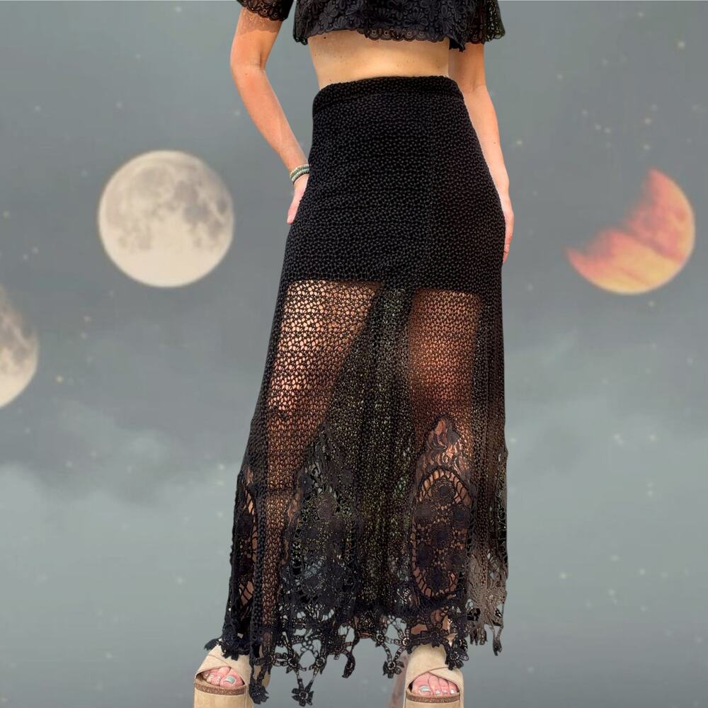 Free People Black Crochet Lace Maxi Skirt Sheer Fairy Grunge Boho - Picture 3 of 5